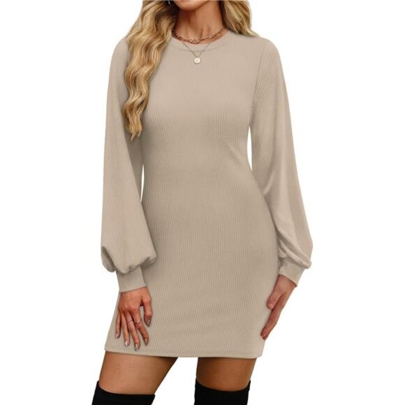 ✨ Women’s Puff Sleeve Ribbed Knit Sweater Dress | Bodycon Slim Fit Midi ✨ - Picture 1 of 5